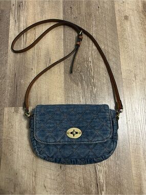Patricia Nash Blue Quilted Denim Crossbody with Brown Leather Strap